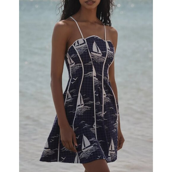 Anthropologie Celandine Scallop Piped Mini Dress Ship Print Nautical L - Picture 1 of 4
